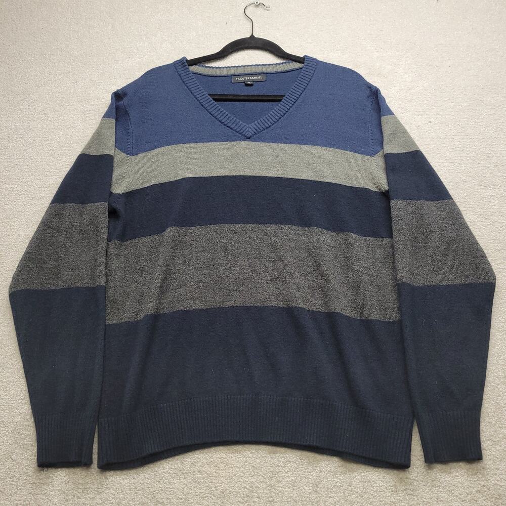 Tricots St Raphael Mens Medium V Neck Sweater Blue Gray Striped Pullover